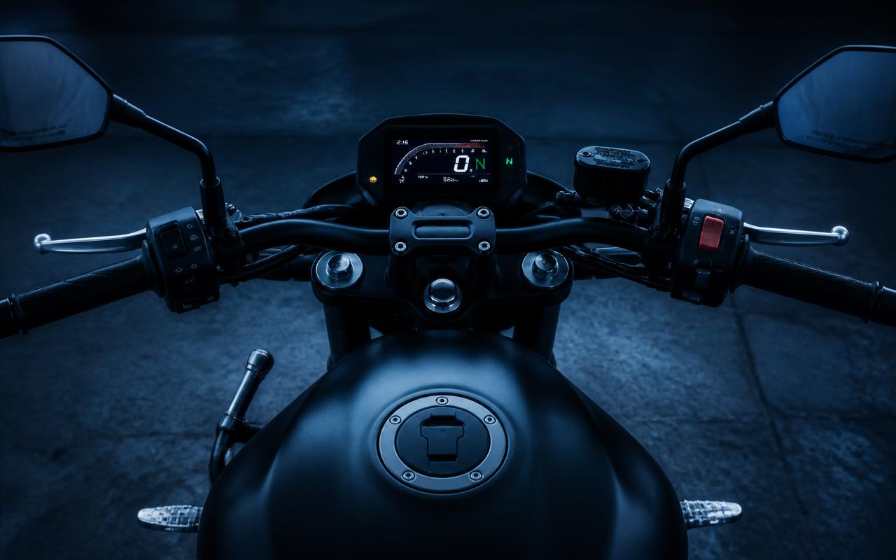 Cockpit van een motor met stuur, spiegels en hendels